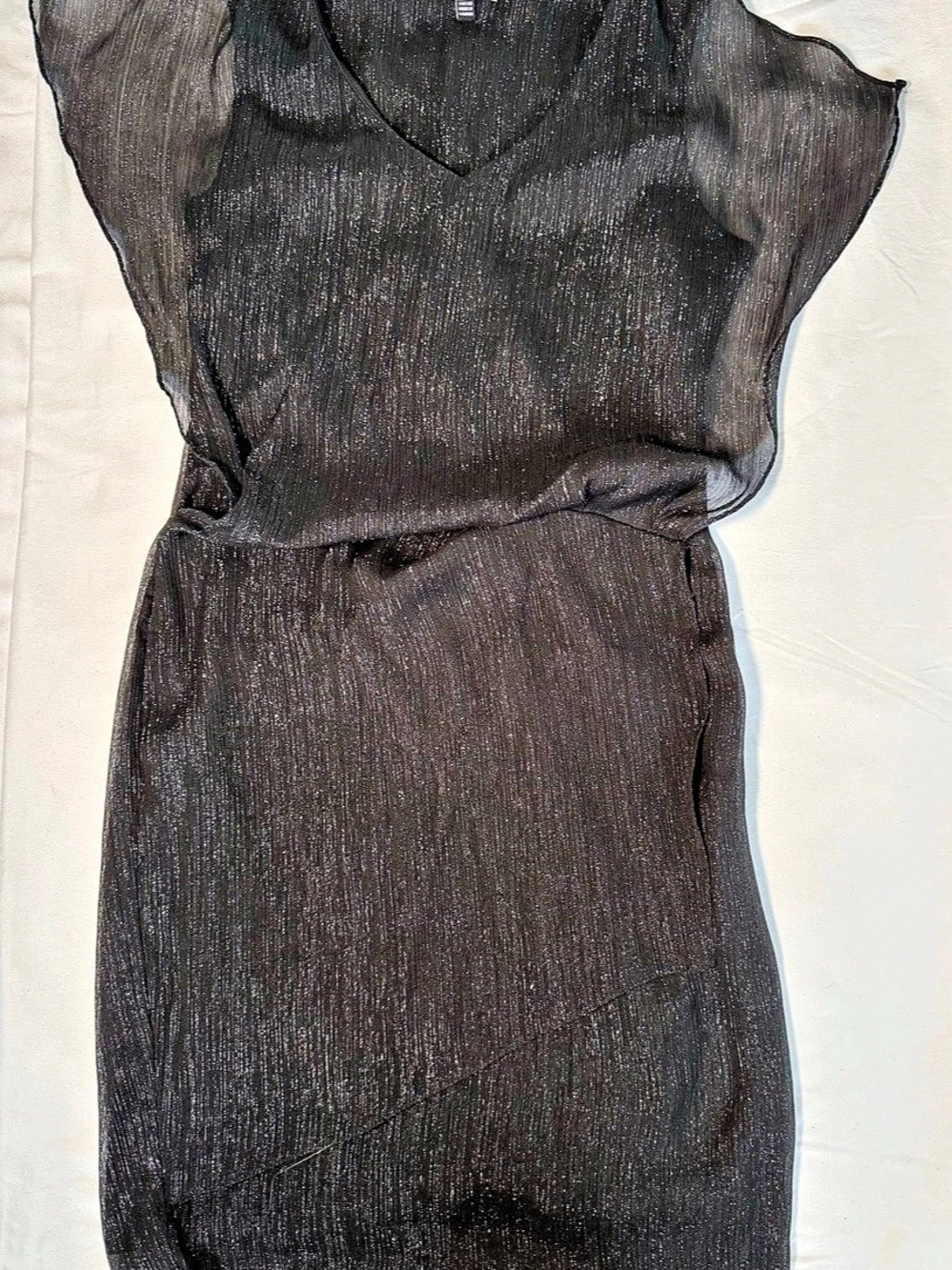 Le Chateau Metallic/Black Sheath Dress With Cape Sleeves